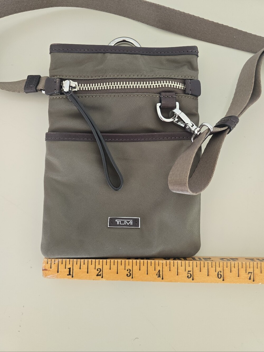 Tumi Travel Crossbody Pouch Nylon Leather Trim Green Brown Color Mini Size - Picture 9 of 12